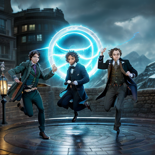 A stunning portrayal of the three figures leaping into the swirling portal, their forms blurring as they shift from the rugged mountains of Angmar to the familiar cobblestone streets of Victorian London.